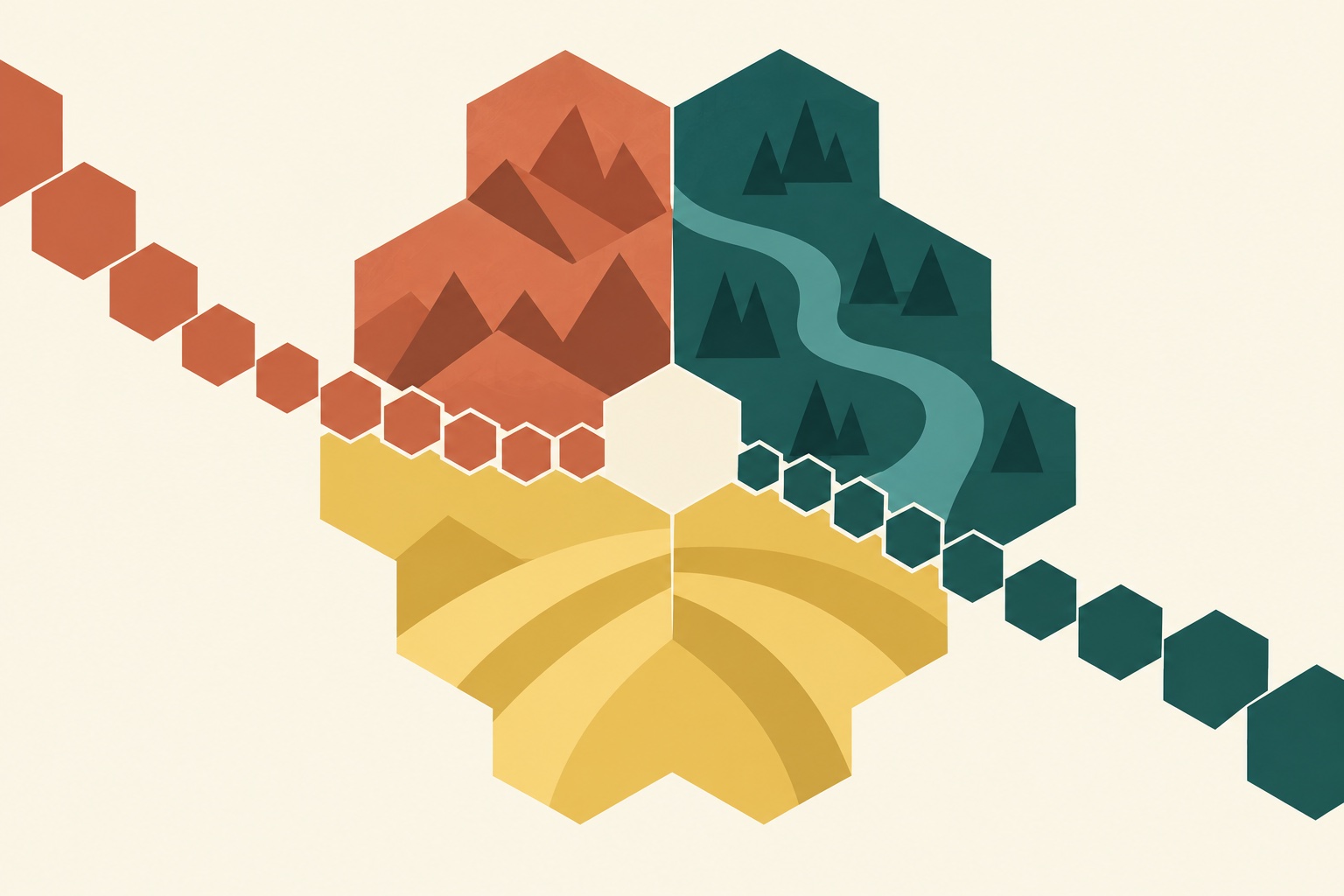 Two routes meet on a hexagonal landscape, suggesting learning through self-play.
