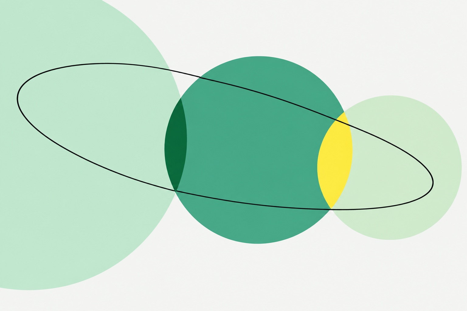 Overlapping viewpoints connected by a shared curve evoke different perspectives on one mathematical structure.