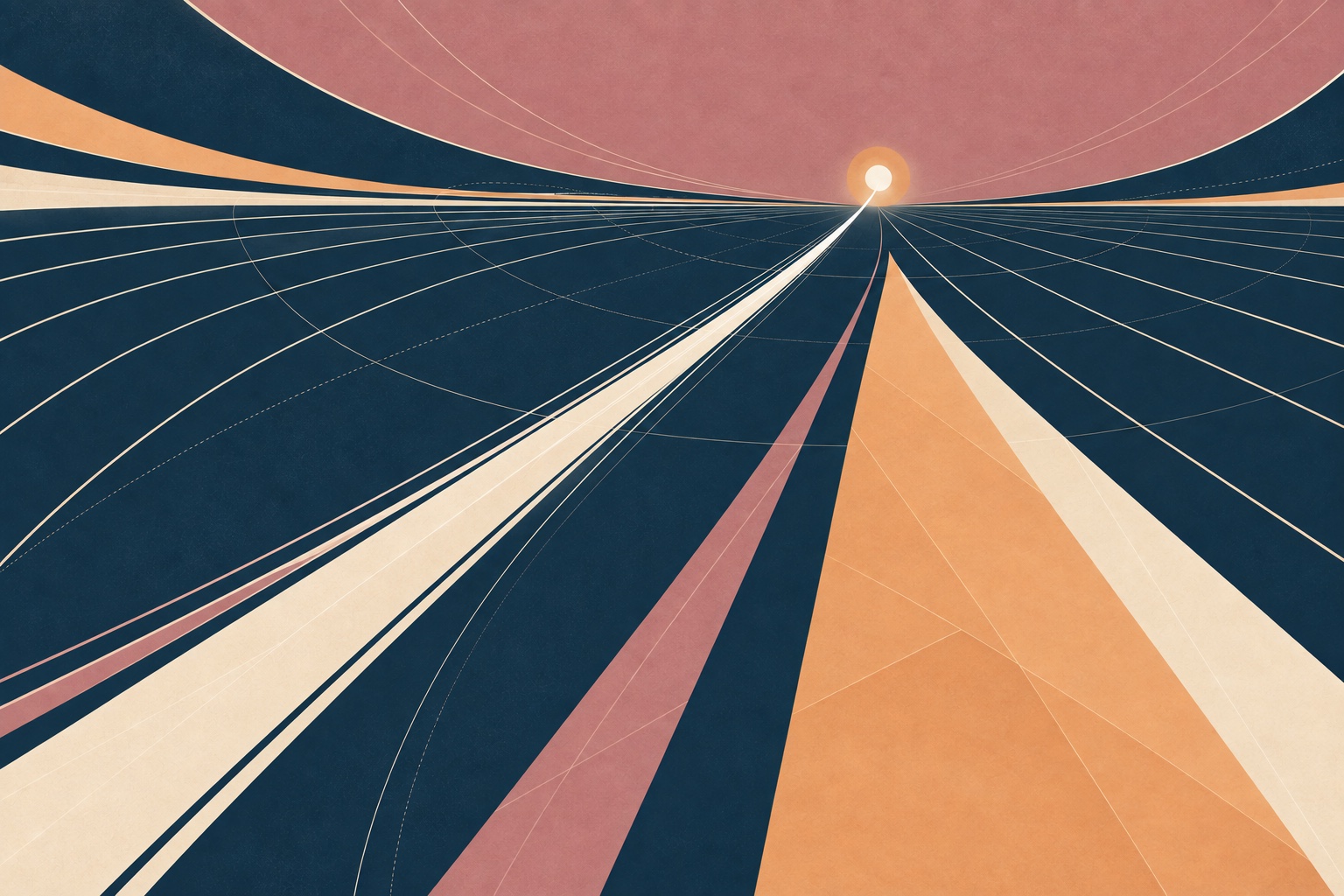 A light particle races toward a distant horizon across curved geometric lines in navy, rose, cream, and apricot.