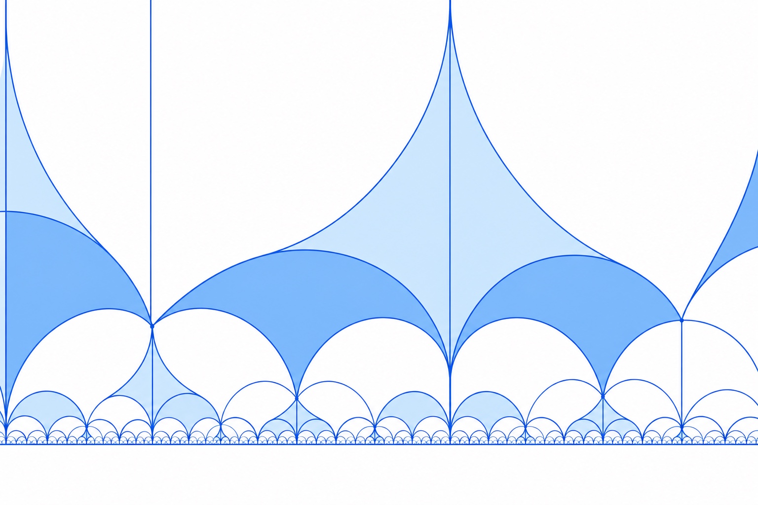 Repeating curved tiles and changing scales evoke modular geometry and its symmetries.